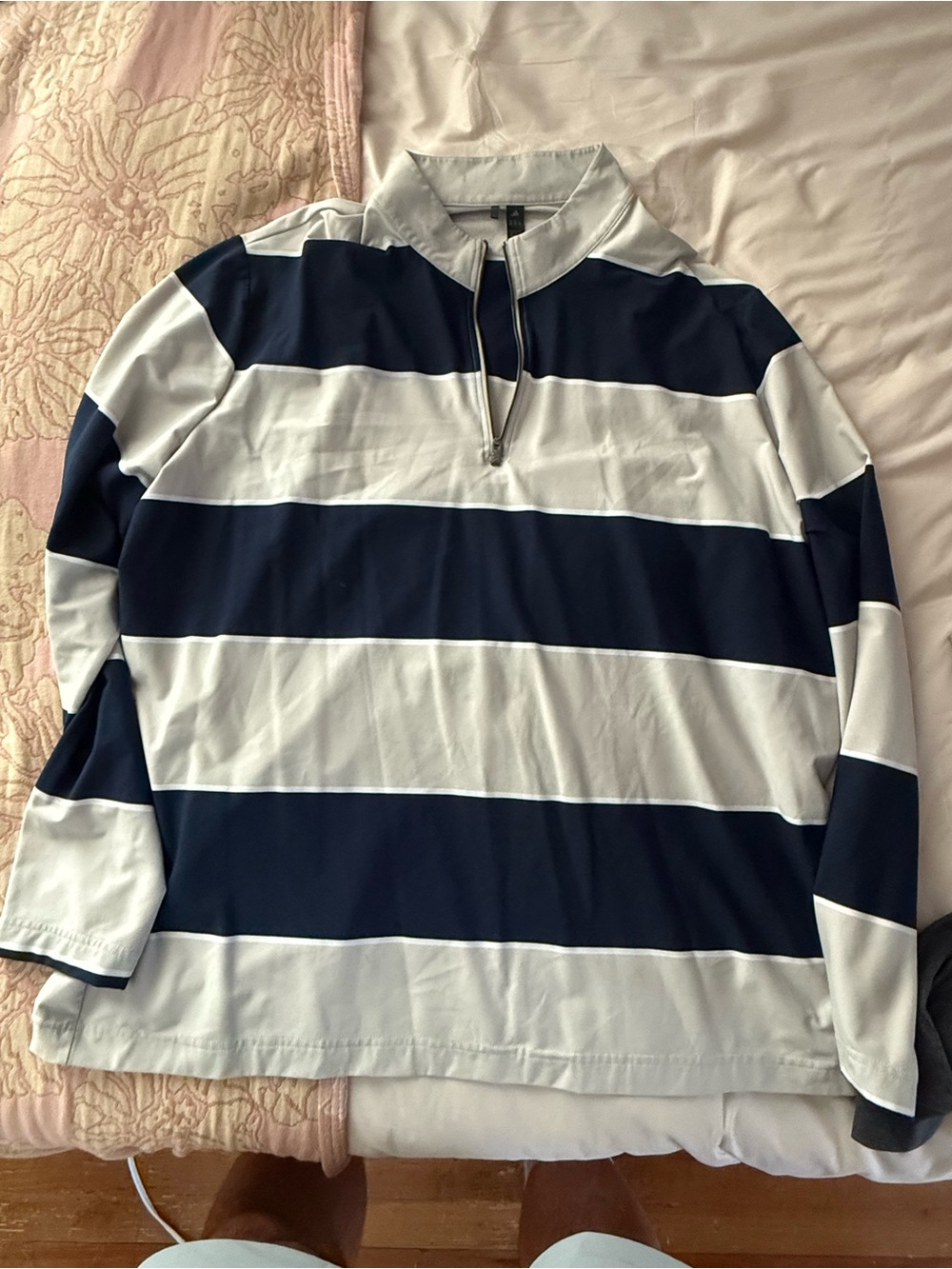 adidas Men's Navy and White Striped Zip-Up Pullover